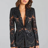 Lace Co-Ord Set with Sheer Blazer and Flared Trousers