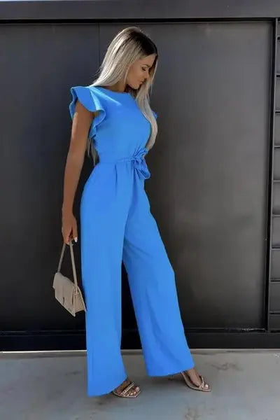 Stylish Jumpsuit with Belt and Ruffled Sleeves