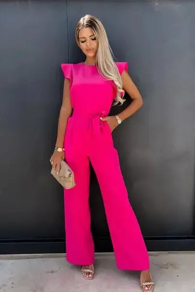 Stylish Jumpsuit with Belt and Ruffled Sleeves