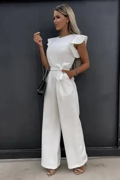 Stylish Jumpsuit with Belt and Ruffled Sleeves