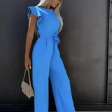 Chic Belted Jumpsuit with Ruffle Sleeves