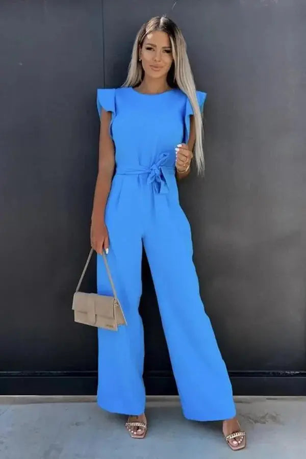Stylish Jumpsuit with Belt and Ruffled Sleeves