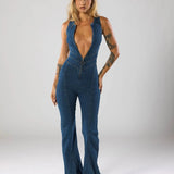 Deep V-Neck Flared Leg Denim Jumpsuit