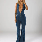 Deep V-Neck Flared Leg Denim Jumpsuit