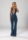 Flared Leg Denim Jumpsuit with Deep V-Neck