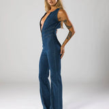Plunge Neck Fitted Denim Jumpsuit with Flared Legs