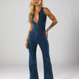 Plunge Neck Fitted Denim Jumpsuit with Flared Legs