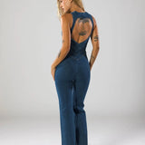 Deep V-Neck Flared Leg Denim Jumpsuit