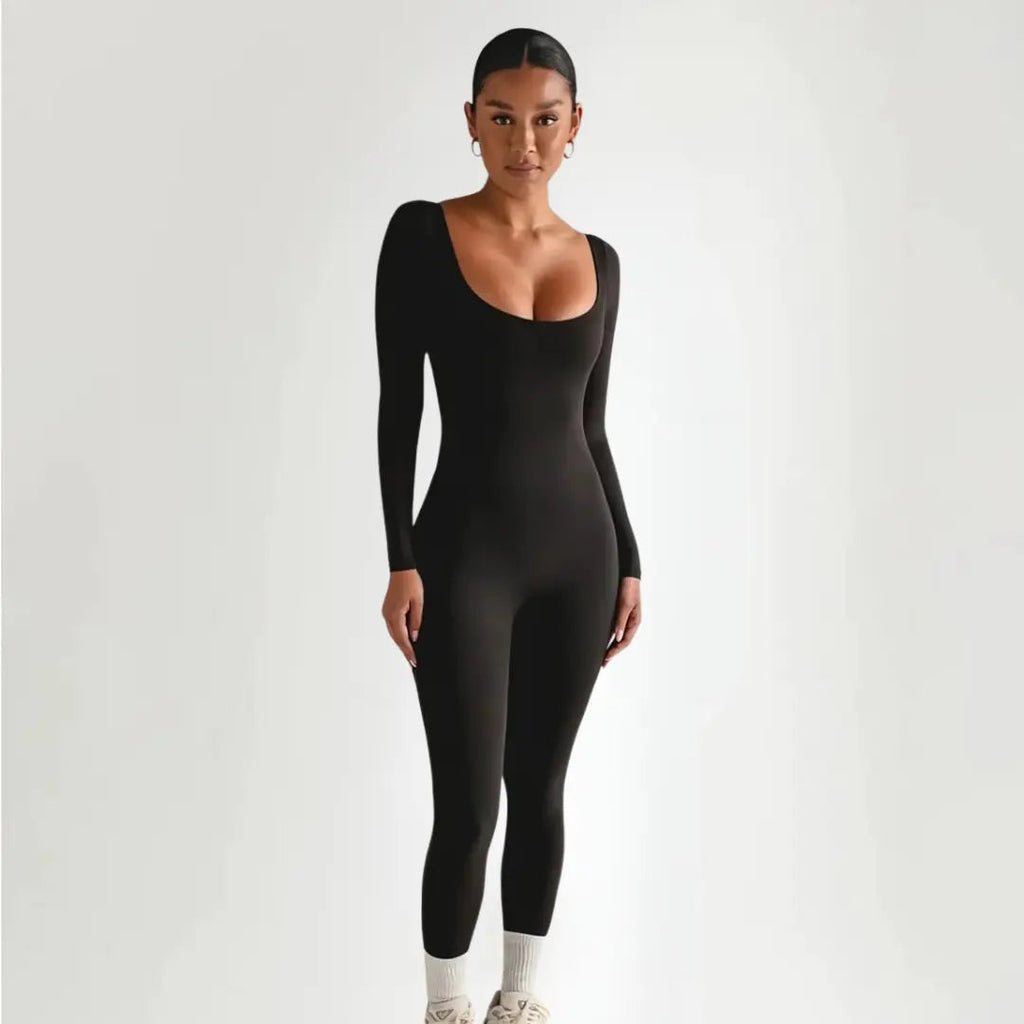 Long Sleeve Ribbed Jumpsuit with Scoop Neckline