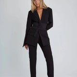 Custom-Fit Blazer with Belt, Broad Lapels, and Streamlined Design