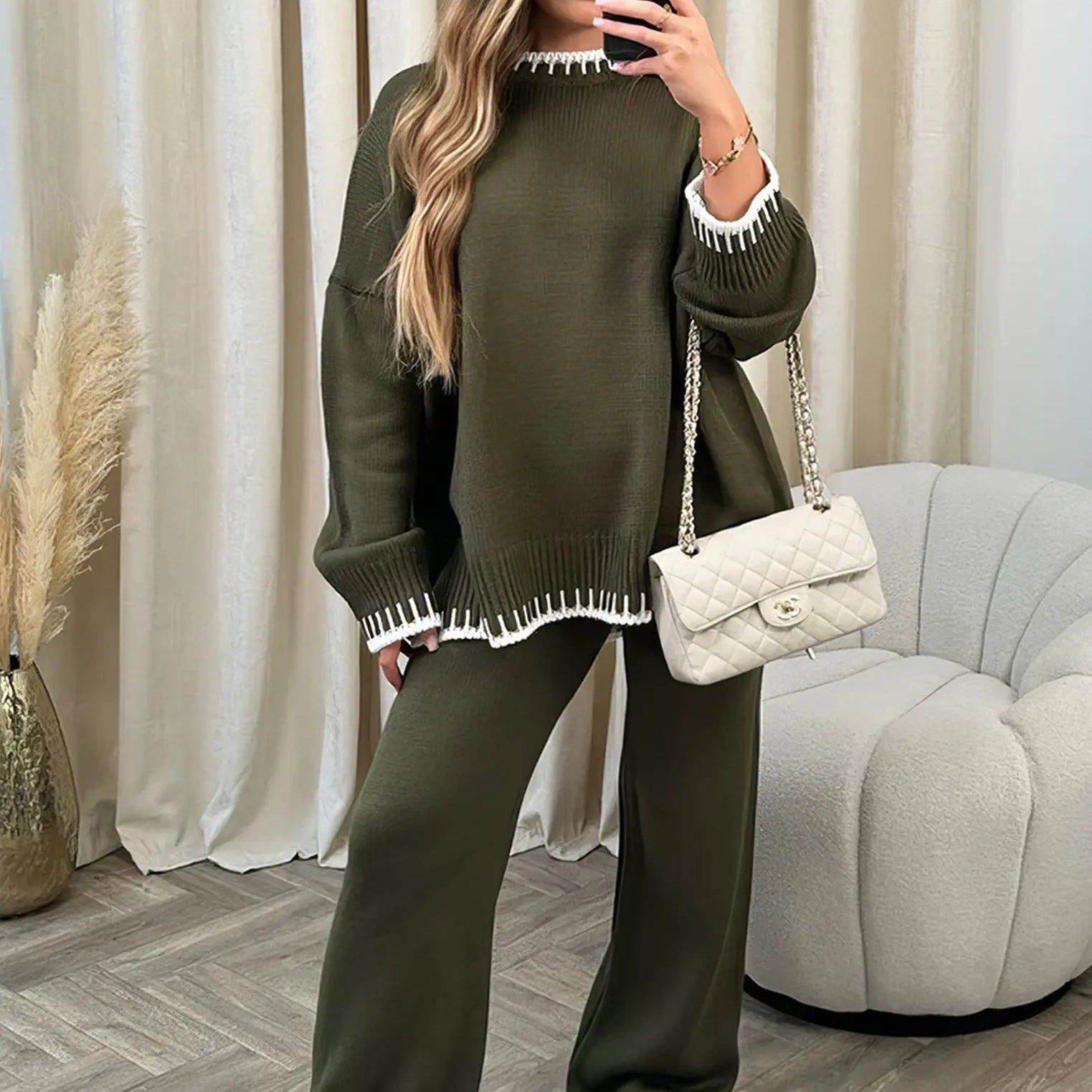 Contrast Trim Knit Two-Piece Lounge Set