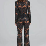 Lace Co-Ord Set with Sheer Blazer and Flared Trousers