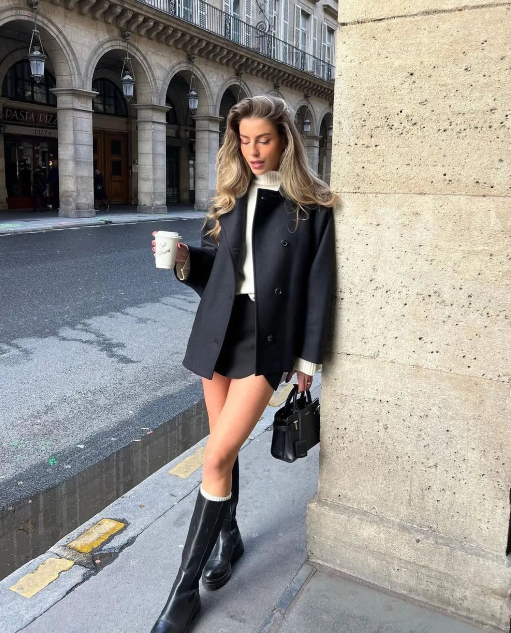 Classic Wool Short Coat with Wide Collar and Button Fastening