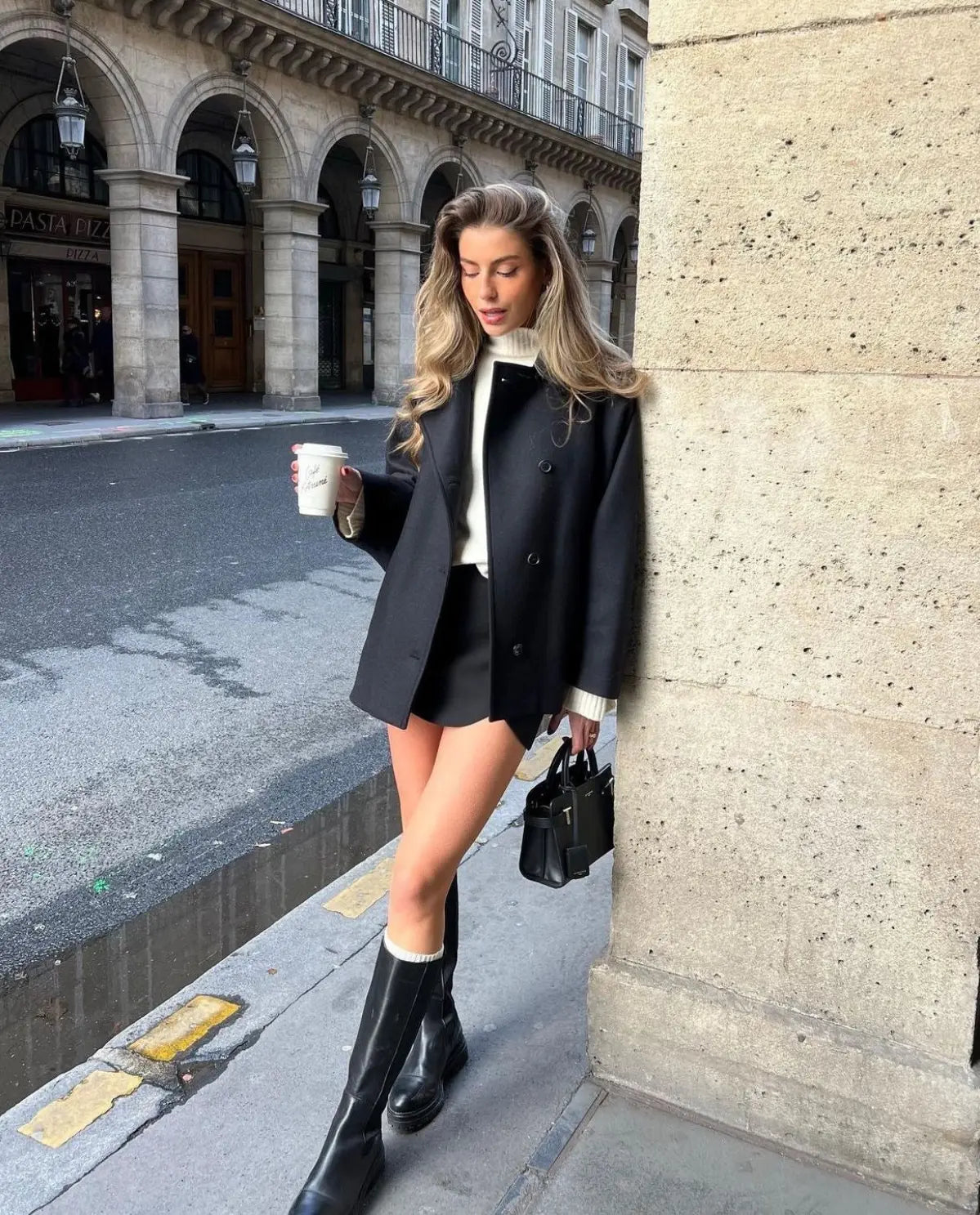 Classic Wool Short Coat with Wide Collar and Button Fastening