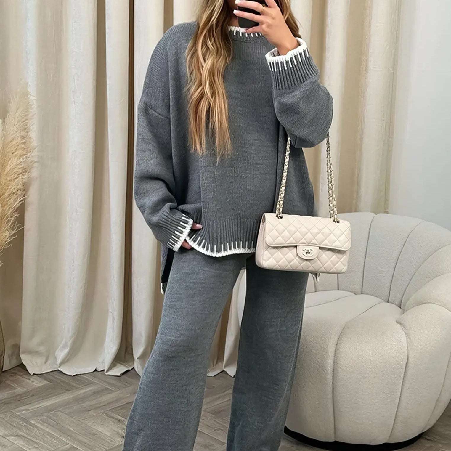 Contrast Trim Knit Two-Piece Lounge Set