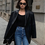 Street-Chic Oversized Faux Leather Blazer with Sharp Tailoring