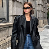 Street-Chic Oversized Faux Leather Blazer with Sharp Tailoring