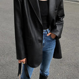 Street-Chic Oversized Faux Leather Blazer with Sharp Tailoring