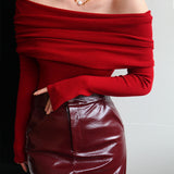 Elegant Off-Shoulder Knit Top – Sophisticated Fold-Over Sweater