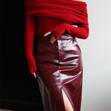 Elegant Off-Shoulder Knit Top – Sophisticated Fold-Over Sweater