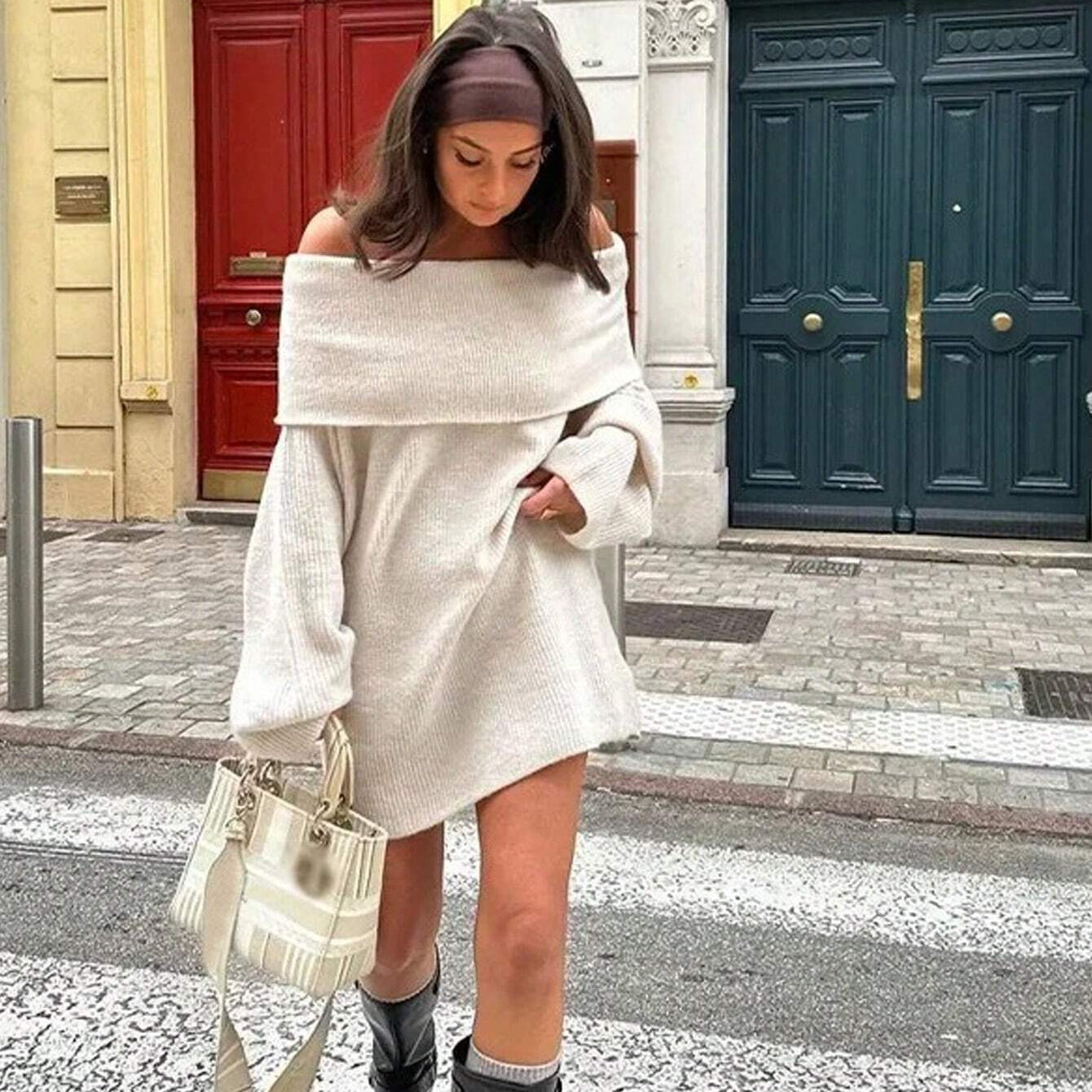 Off-Shoulder Ribbed Knit Top for Women – Elegant Fold-Over Neckline