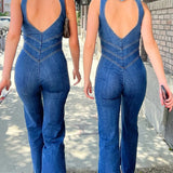 Deep V-Neck Flared Leg Denim Jumpsuit