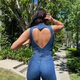 Deep V-Neck Flared Leg Denim Jumpsuit