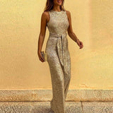 Sleeveless Gold Sequin Jumpsuit with Waist Tie and Wide-Leg Design