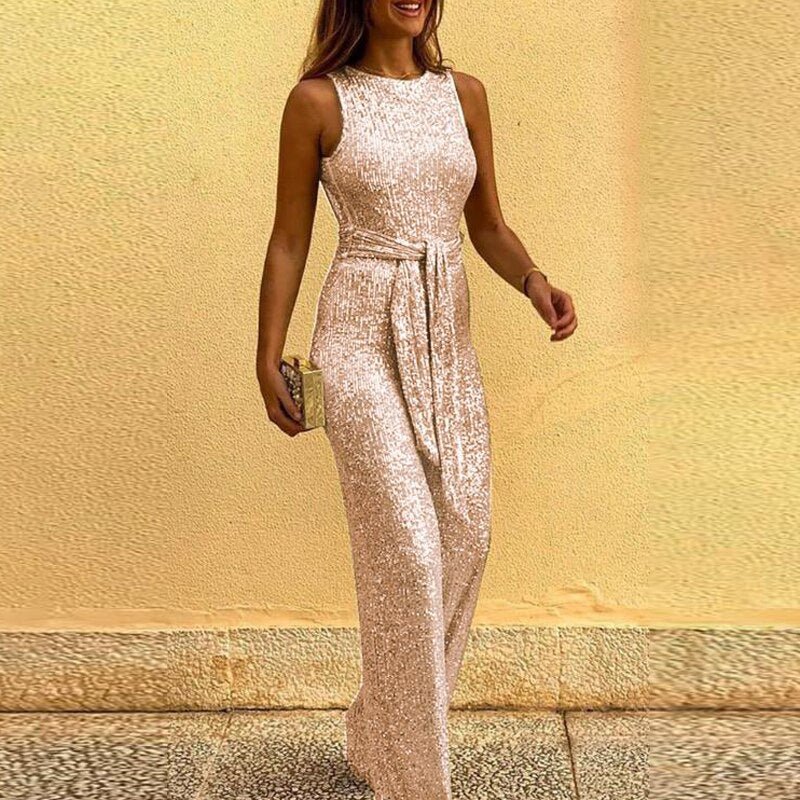 Sleeveless Gold Sequin Jumpsuit with Waist Tie and Wide-Leg Design