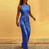 Sleeveless Gold Sequin Jumpsuit with Waist Tie and Wide-Leg Design