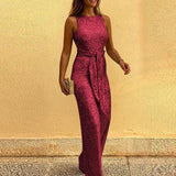 Sleeveless Gold Sequin Jumpsuit with Waist Tie and Wide-Leg Design