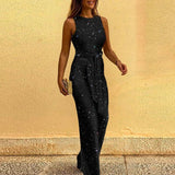 Sleeveless Gold Sequin Jumpsuit with Waist Tie and Wide-Leg Design