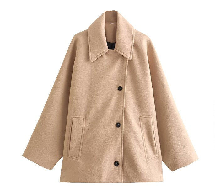 Classic Wool Short Coat with Wide Collar and Button Fastening