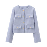 Chic Gold-Button Cropped Jacket with Pocket Detail