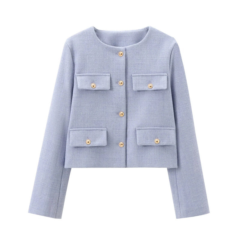 Chic Gold-Button Cropped Jacket with Pocket Detail