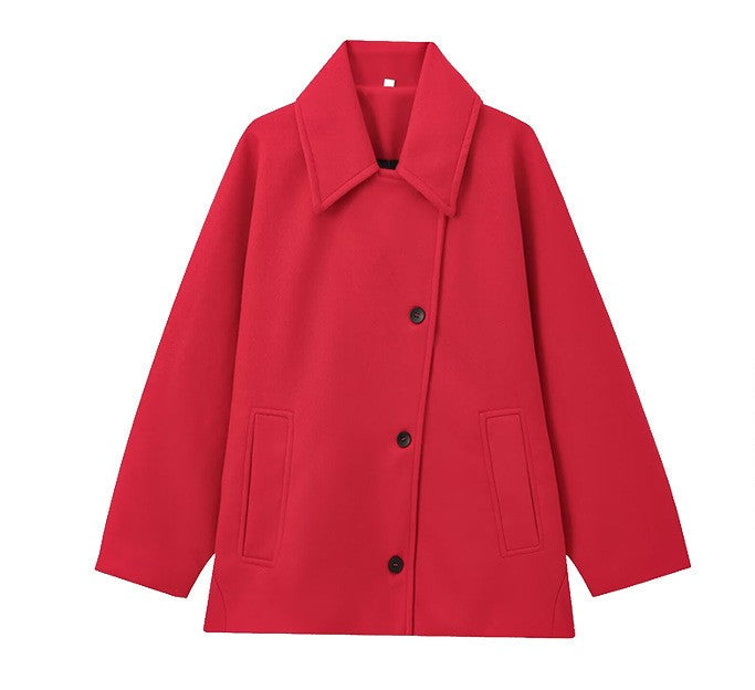 Timeless Wool Short Coat with Broad Collar and Button Closure