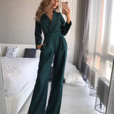 Chic V-Neck Wide-Leg Jumpsuit with Long Sleeves