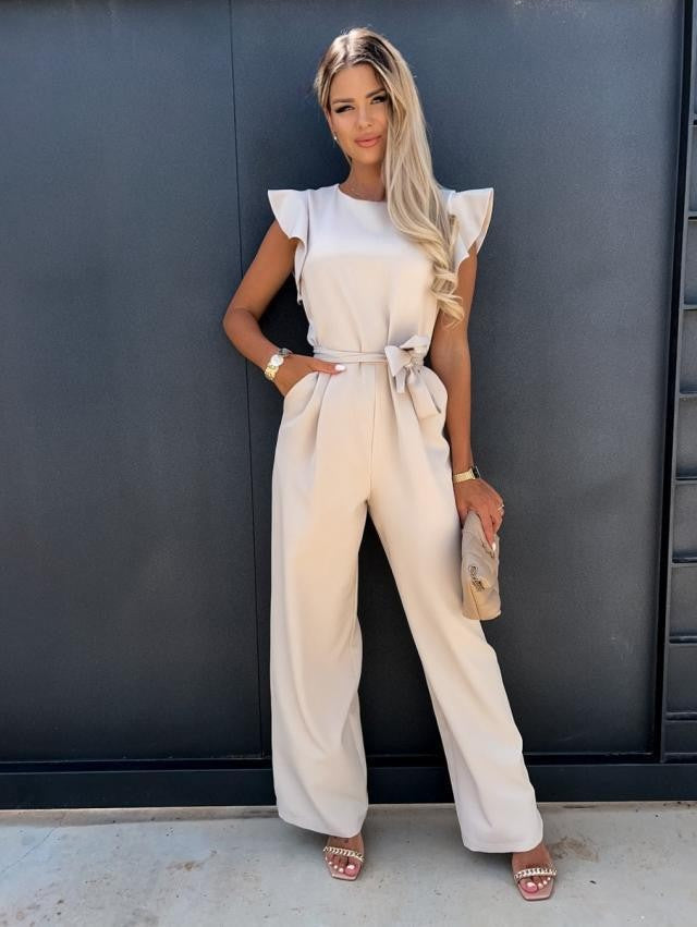Stylish Jumpsuit with Belt and Ruffled Sleeves