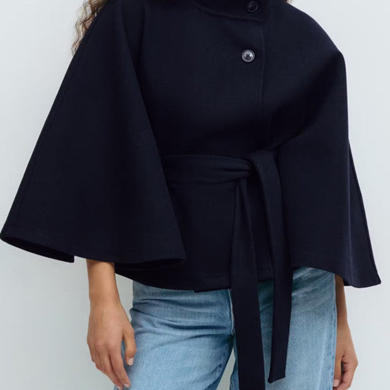 Sophisticated Belted Cape Jacket with High Neck