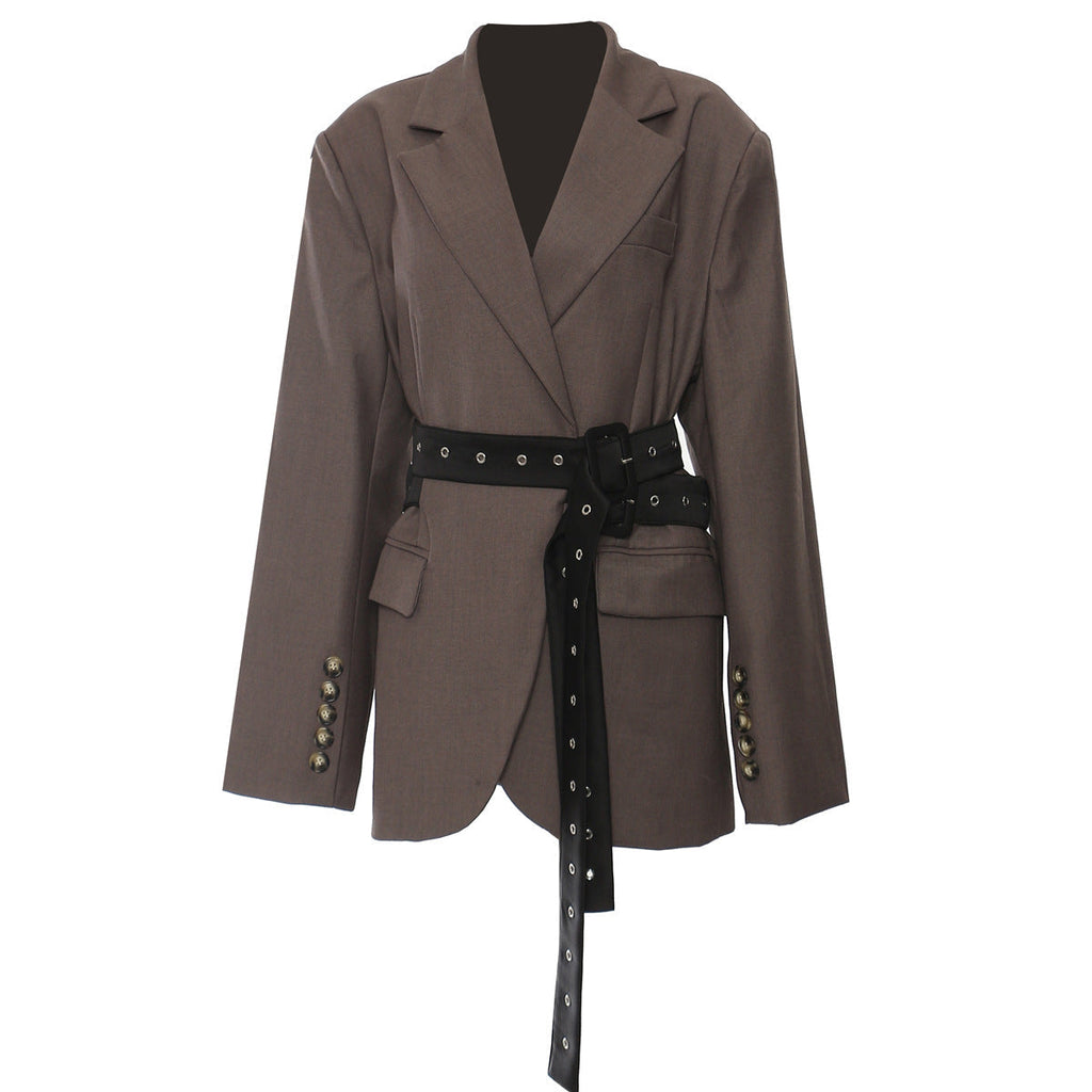 Tailored Blazer Jacket with Belt and Notched Lapel Collar