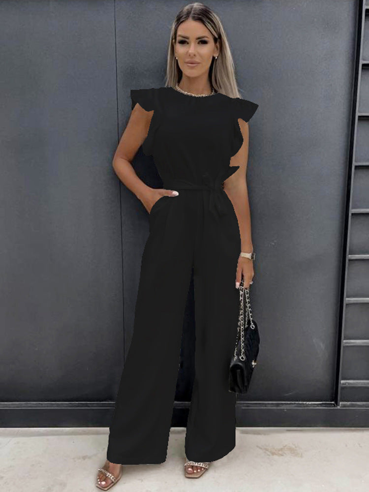 Stylish Jumpsuit with Belt and Ruffled Sleeves