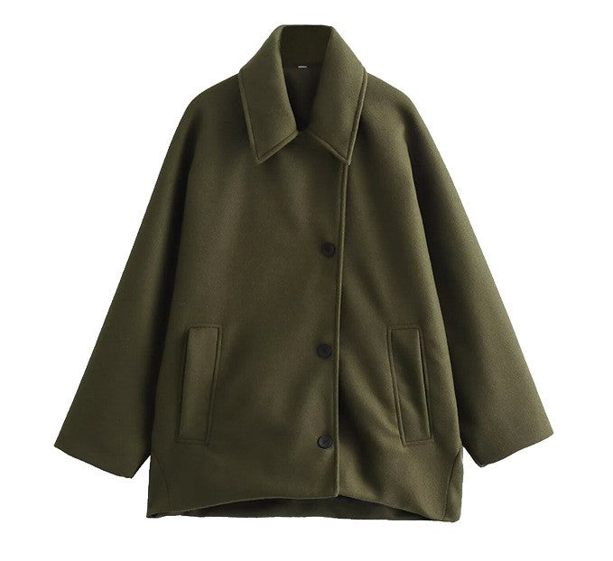 Classic Wool Short Coat with Wide Collar and Button Front