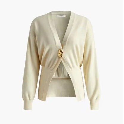 Chic Deep V-Neck Knit Cardigan with Decorative Button