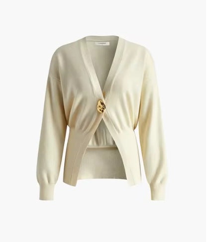 Chic Deep V-Neck Knit Cardigan with Decorative Button