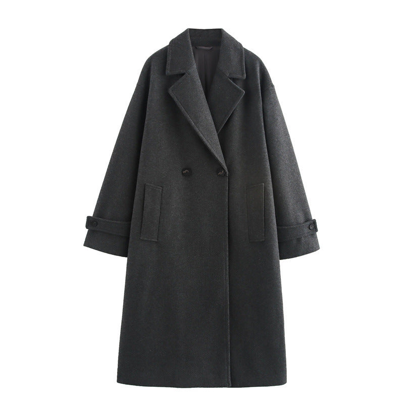 Spacious Wool Overcoat with Double-Breasted Style and Lapel Collar