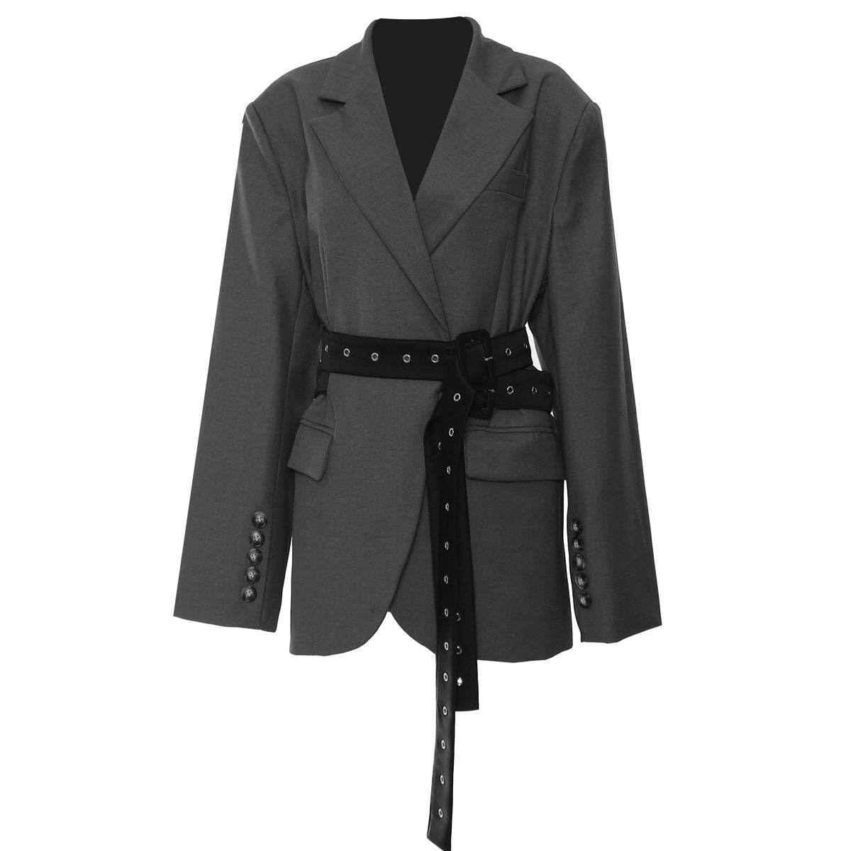 Tailored Blazer Jacket with Belt and Notched Lapel Collar