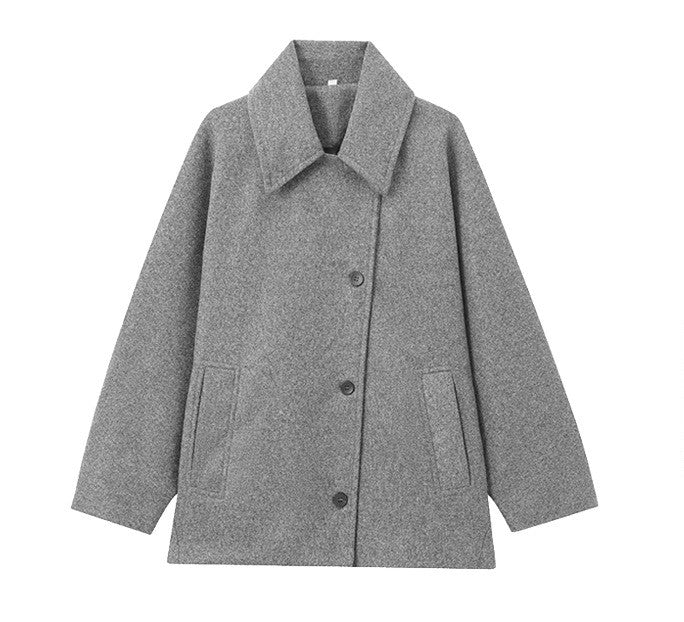 Classic Wool Short Coat with Wide Collar and Button Fastening