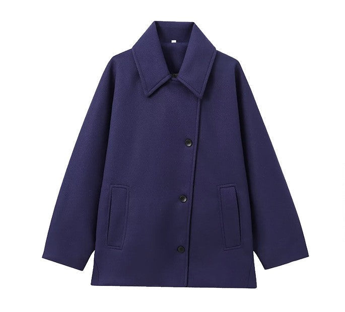 Classic Wool Short Coat with Wide Collar and Button Fastening