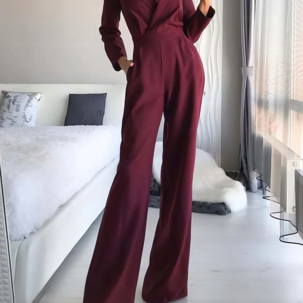 Chic V-Neck Wide-Leg Jumpsuit with Long Sleeves