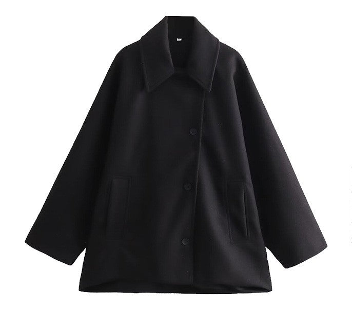 Classic Wool Short Coat with Wide Collar and Button Fastening